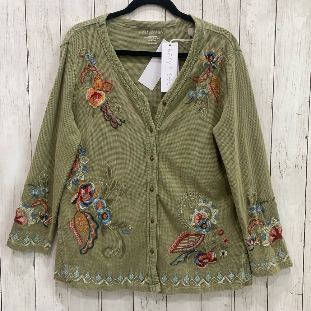 New Karyn Seo M Knit Tove Thermal Jacket Boho Embroidery Cardigan 100% Cotton - Picture 2 of 16